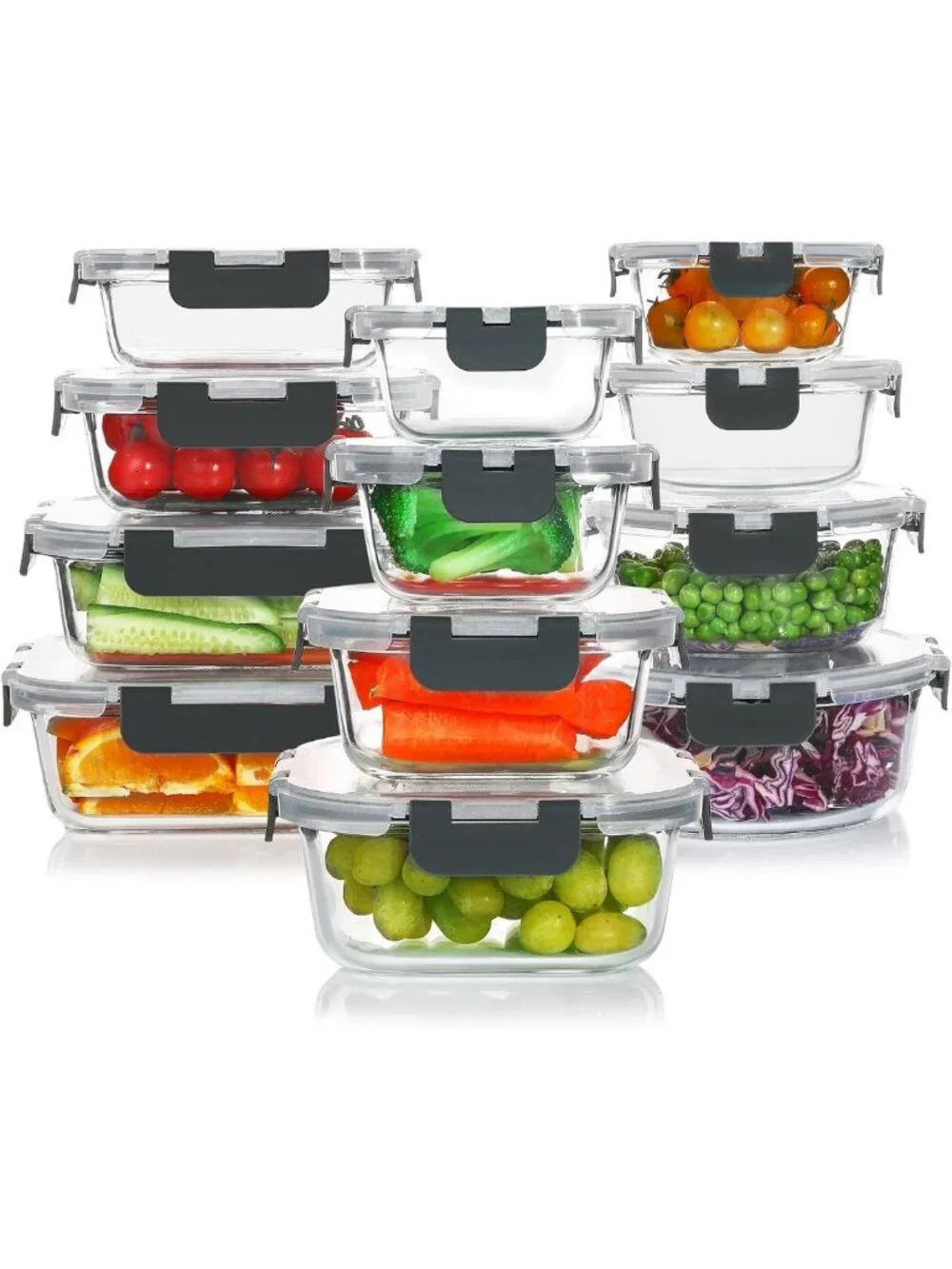 24-Piece Gray Glass Food Storage Containers Set with Lids - Airtight, BPA-Free